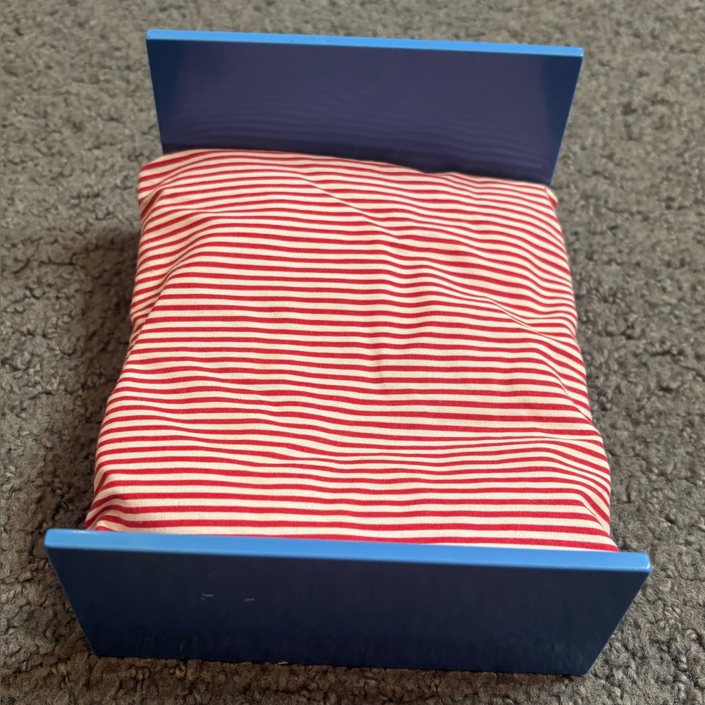 IKEA Blue Doll Bed with Red and White Striped Bedding
